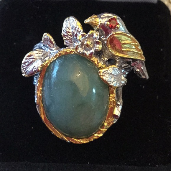 Amazing Genuine Jade & Ruby Bird Ring - Picture 4 of 8